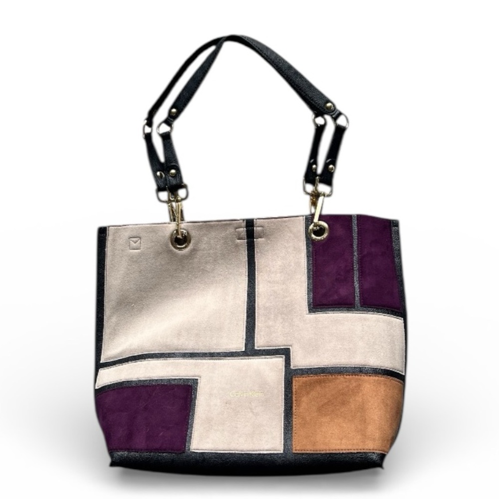CK bag shoulder bag crossbody suede leather reversible plum cream gold tone